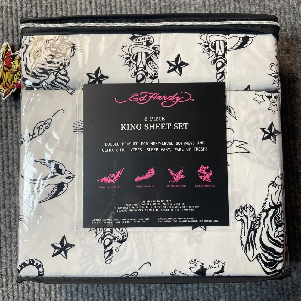 Ed Hardy 6-Piece KING Bedding Sheet Set White/Black Graphic Print Y2K Tiger Star